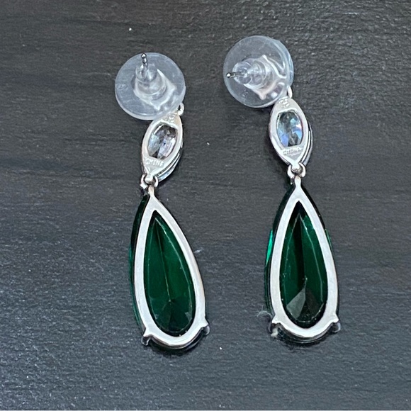 Signed Teardrop Lab Emerald Silvertone Drop Earrings - Picture 11 of 13